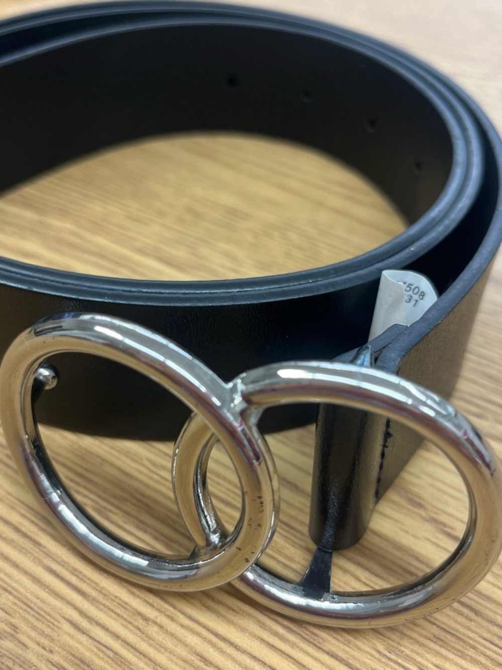 Women's Black Leather Belt with Silver Double Circle Buckle